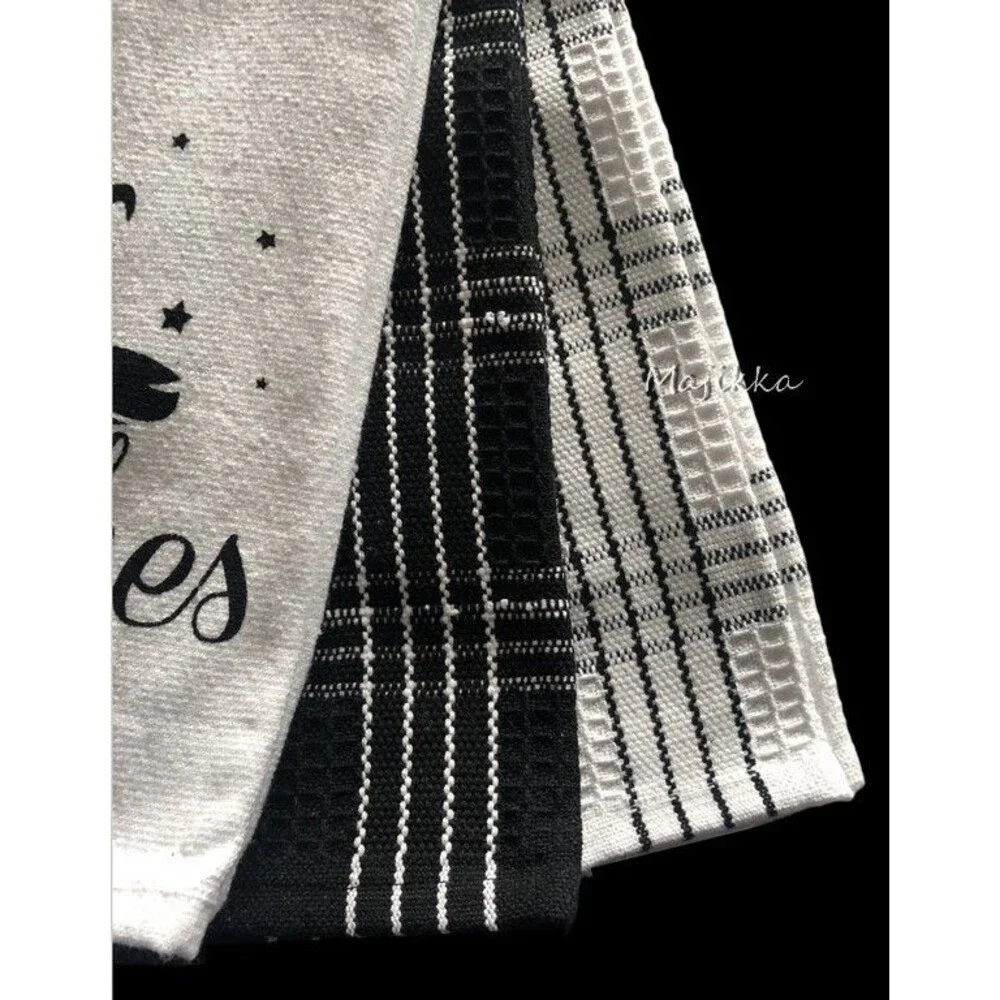 Max Studio Halloween Kitchen Dish Towels Witches Be Crazy Black White Set Of 3